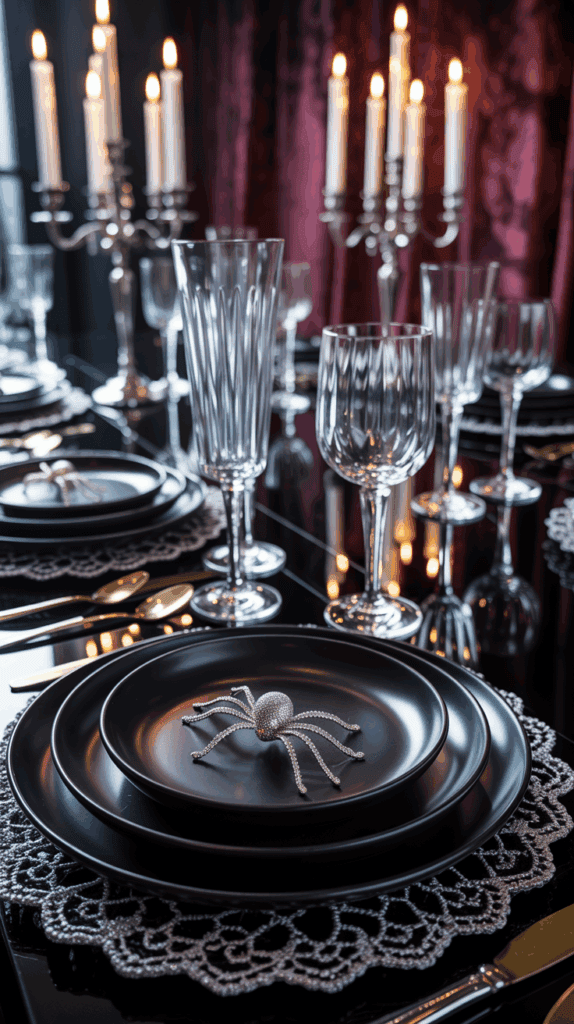 A luxurious dinner table setup featuring black plates, gold cutlery, and crystal glasses. The centerpiece on the plate is a decorative silver spider, with a background of lit candles in a candelabrum and burgundy curtains.