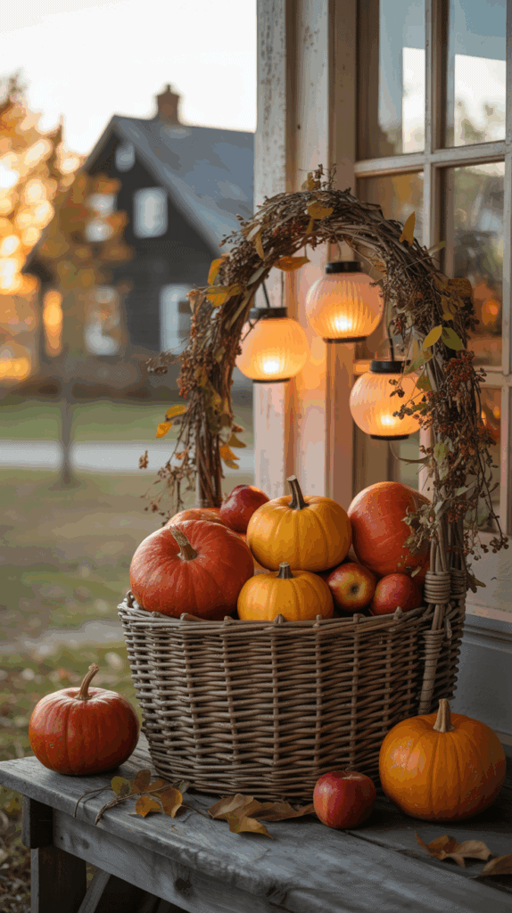 A wicker basket filled with various pumpkins and apples, adorned with autumn leaves, sits on a wooden table next to glowing lanterns, with a rustic house and trees visible in the background at sunset.