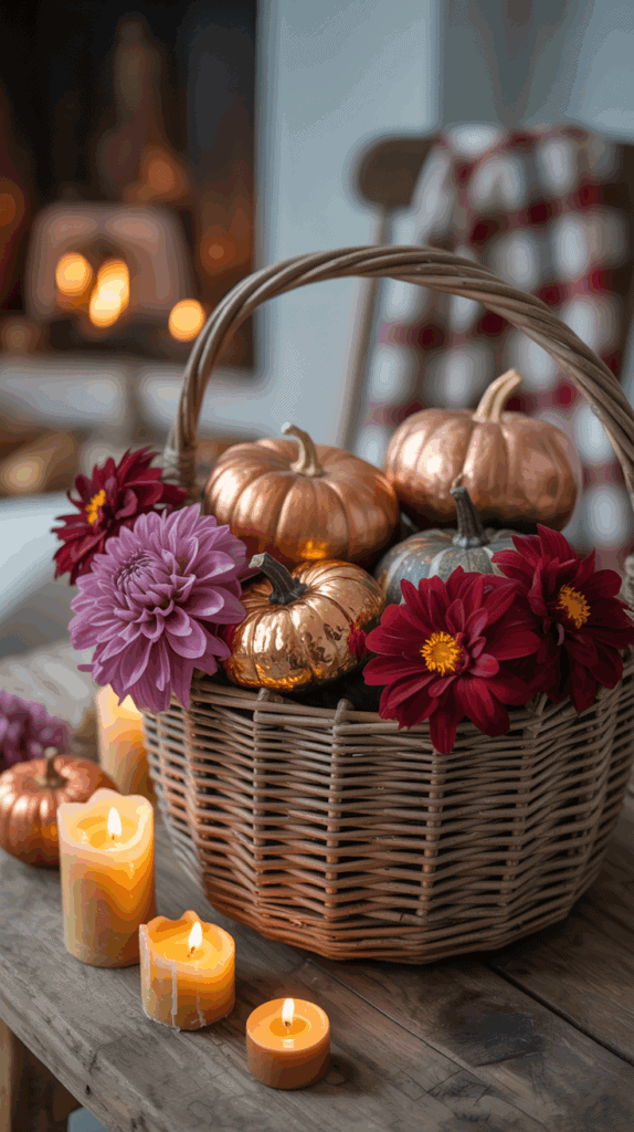 A wicker basket filled with decorative metallic pumpkins and red and purple flowers, placed on a wooden table next to lit candles, with a cozy fireplace in the background.