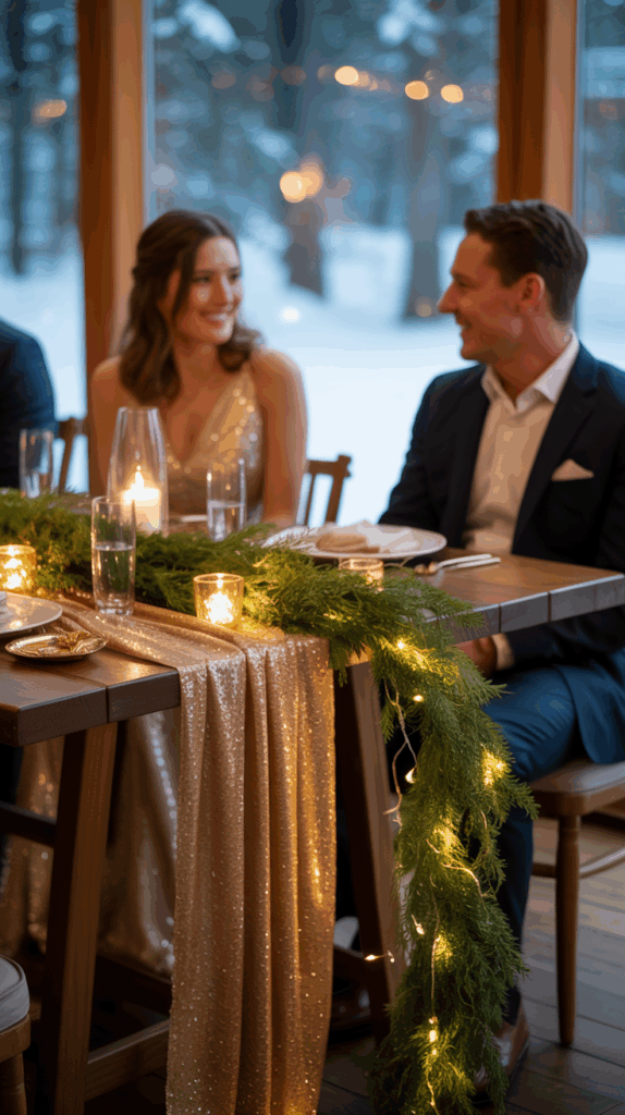 A couple seated at a table decorated with a sparkly gold tablecloth, greenery, and candles, sharing a moment at an indoor winter gathering with a snowy outdoor view through the window.