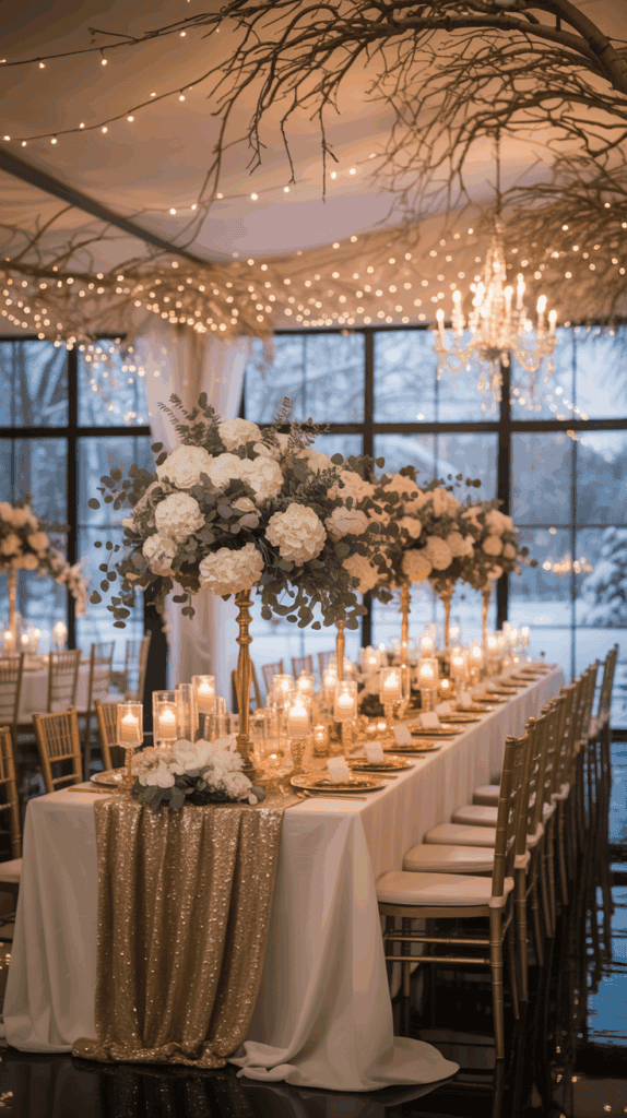 Elegant table setup for an event with golden chairs, white tablecloths, gold sequin table runners, and large floral centerpieces under twinkling string lights and chandeliers.