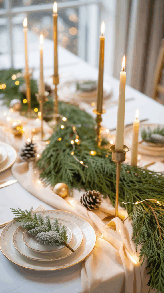A festive table setting with elegant, gold-rimmed plates arranged on a white cloth, adorned with sprigs of frosted greenery. Gold candlesticks with lit candles, pinecones, golden ornaments, and a garland of greenery and string lights run along the center, creating a warm and inviting atmosphere.