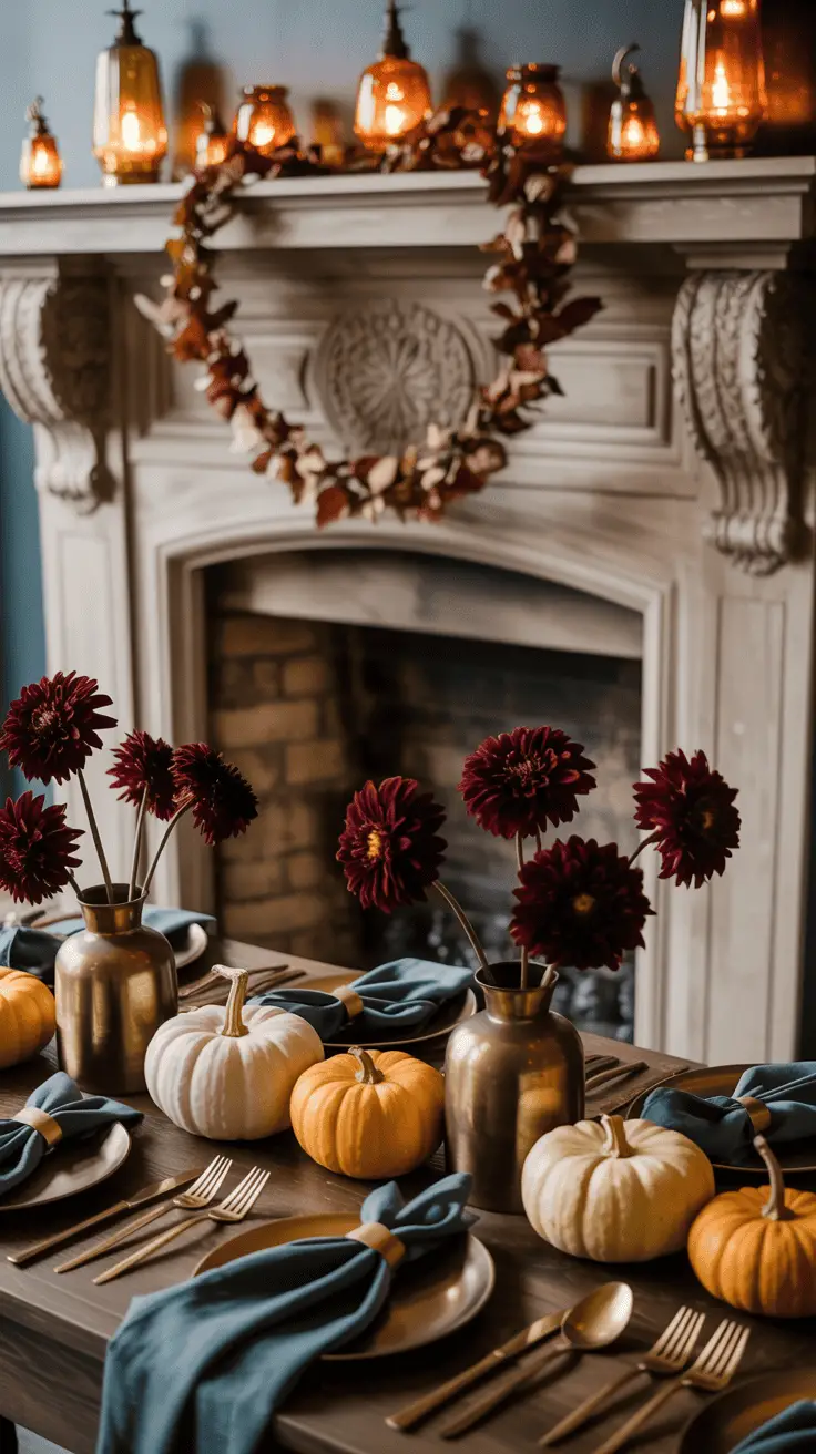 A festive autumn-themed dining table setup featuring small pumpkins and gold utensils, with burgundy flowers in gold vases and blue napkins. The background shows a fireplace mantel decorated with glowing lanterns and an autumn leaf wreath.