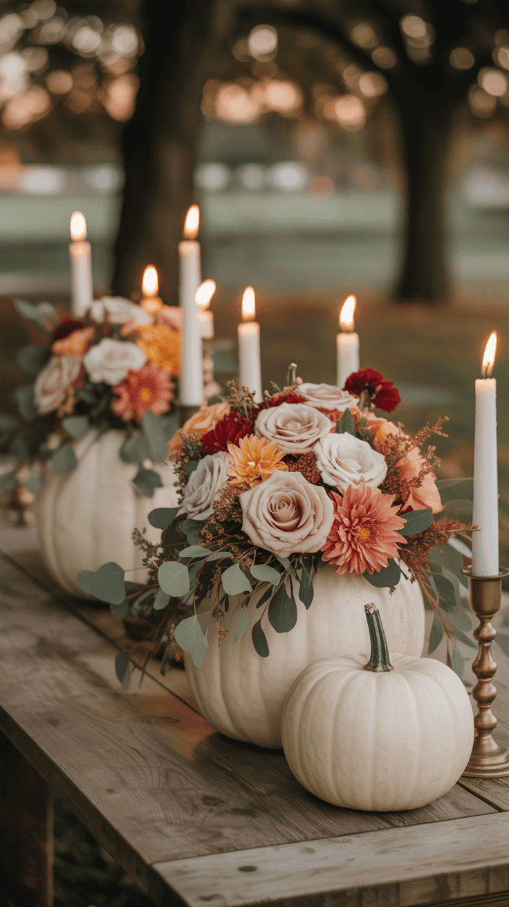 A rustic wooden table displays white pumpkins hollowed out and filled with a floral arrangement featuring roses and daisies in shades of pink, orange, and yellow. Lit white taper candles in gold holders accompany the display, set outdoors with blurred trees in the background.