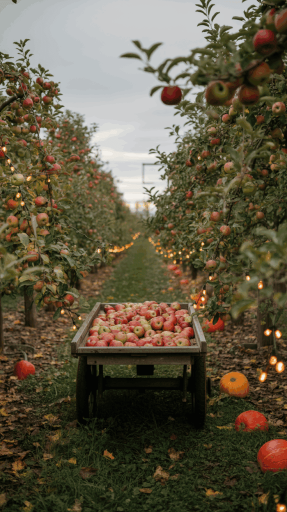 A wooden cart overflowing with red apples sits between rows of apple trees decorated with string lights, and several pumpkins are scattered on the ground among fallen leaves.