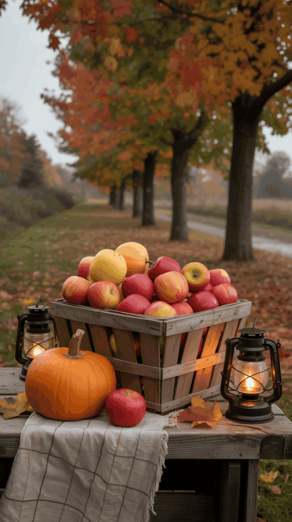 A wooden basket filled with red and yellow apples placed on a picnic table, surrounded by a pumpkin, a red apple, and two lit lanterns, with a backdrop of colorful autumn trees lining a path.