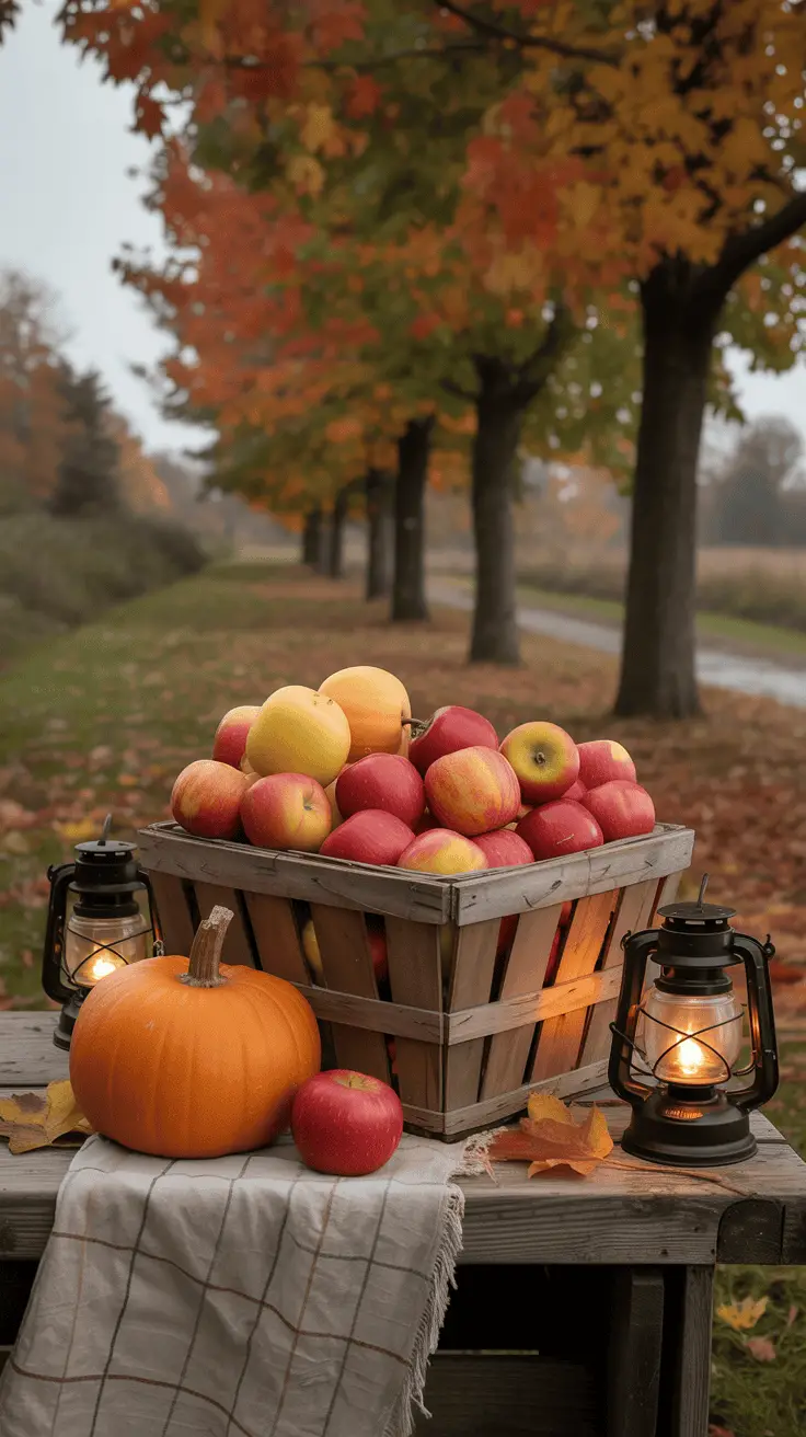 A wooden basket filled with red and yellow apples placed on a picnic table, surrounded by a pumpkin, a red apple, and two lit lanterns, with a backdrop of colorful autumn trees lining a path.