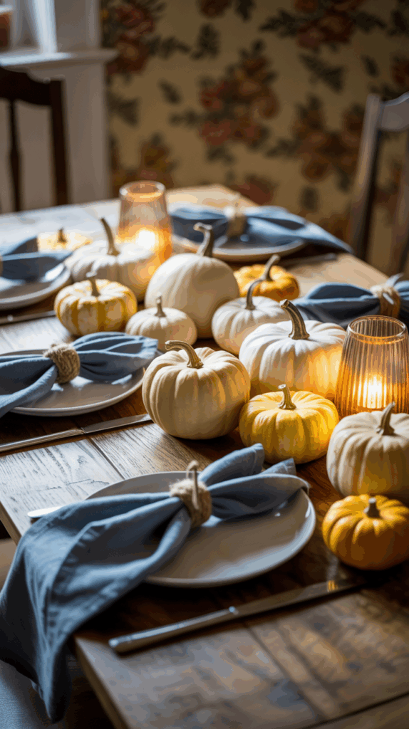 A dining table set for fall with small white and orange pumpkins arranged as a centerpiece alongside lit candles, and table settings featuring blue napkins tied with twine on white plates.