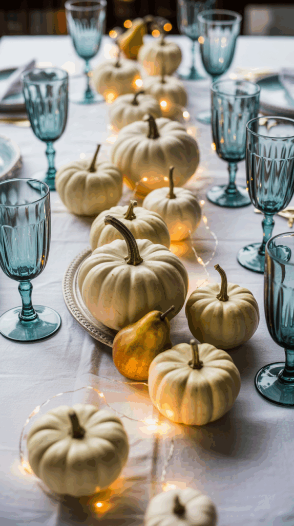 A festive table setting featuring white pumpkins, a pear, and string lights arranged along the center of a table covered with a white tablecloth, surrounded by turquoise glasses.