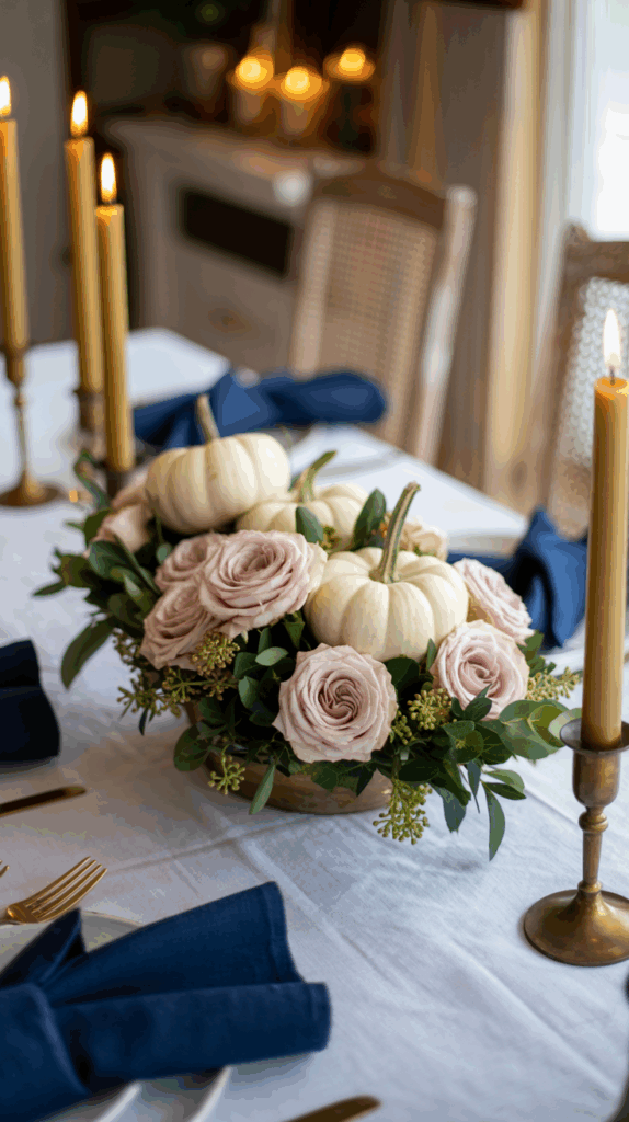 A table setting featuring a centerpiece with white pumpkins, pink roses, and greenery, surrounded by lit candles and blue napkins on a white tablecloth.