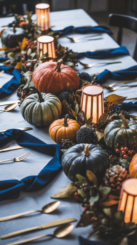 A beautifully set dining table decorated for the fall season, featuring a centerpiece of pumpkins, candles, and autumn foliage, with blue napkins and gold cutlery neatly arranged beside each plate.