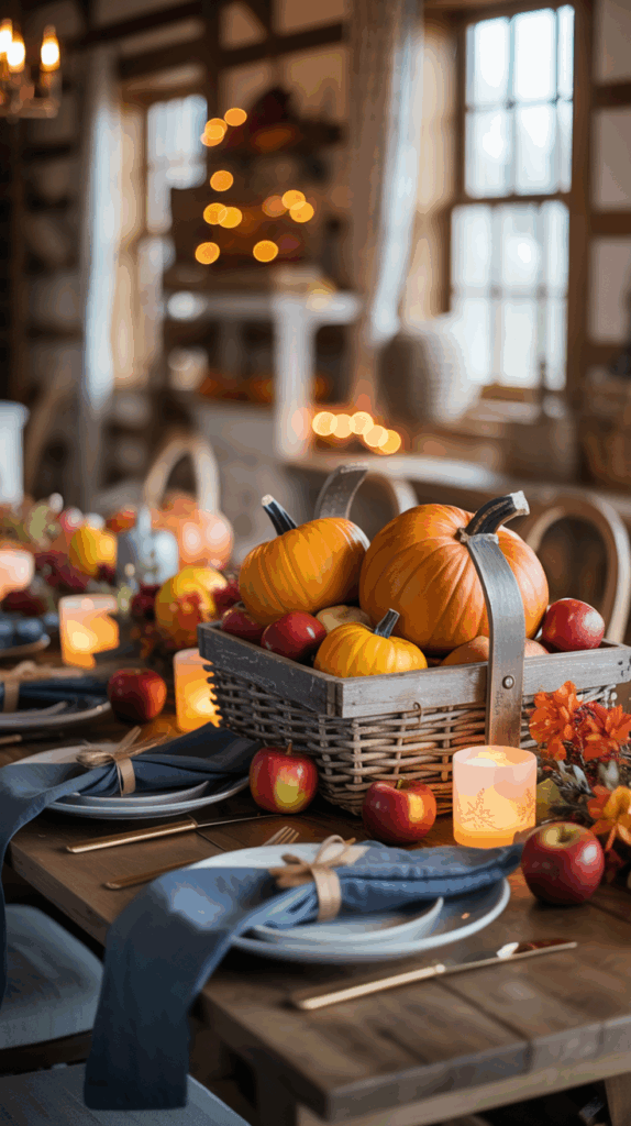A rustic autumn-themed dining table is elegantly set with blue napkins, white plates, and gold cutlery. A wicker basket at the center holds a variety of pumpkins and apples, surrounded by glowing candles and decorative autumn leaves. The background features warm lighting and blurred fall decor, creating a cozy atmosphere.