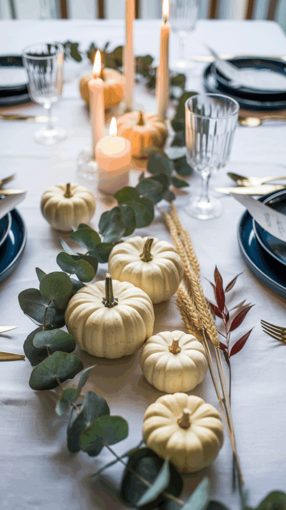 A stylish table setting featuring small white pumpkins, eucalyptus leaves, lit candles, and wheat stalks as a centerpiece, complemented by glassware and blue plates on a white tablecloth.