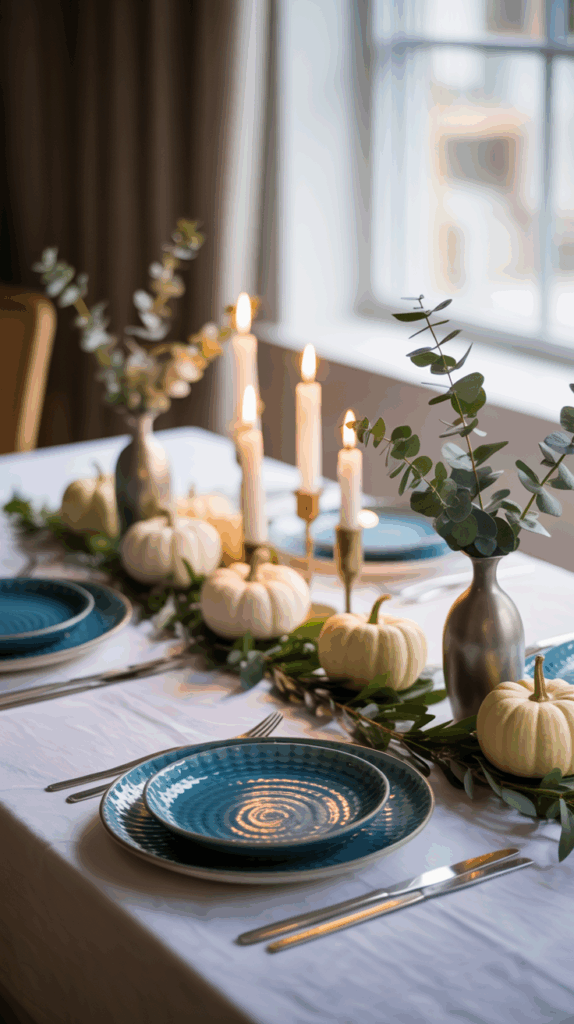 A dining table set with teal plates, white pumpkins, green foliage, and white candles in a cozy room with a window view.