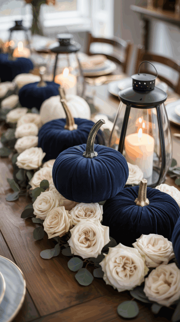 A dining table decorated with blue velvet pumpkins and white roses, accompanied by black lanterns with lit candles, creating an elegant autumnal centerpiece.