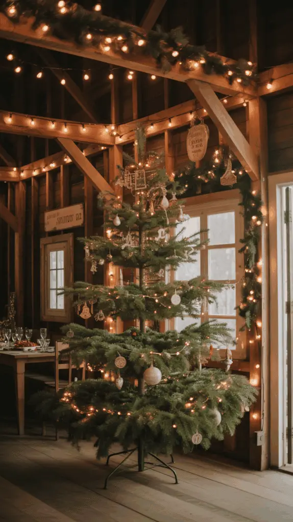 A rustic room decorated for Christmas, featuring a tree with ornaments and lights, surrounded by warm, ambient string lights and festive garlands.