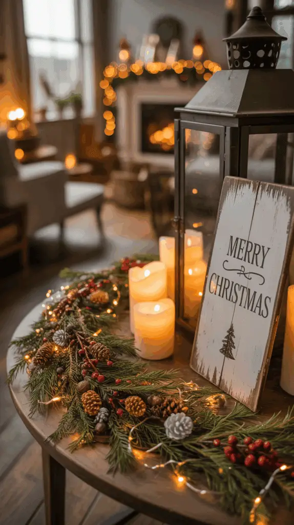 A cozy room decorated for Christmas with a wooden table featuring a "Merry Christmas" sign, surrounded by lit candles, pine branches, red berries, and pine cones. The background shows a softly lit fireplace and garland with lights on the mantel.