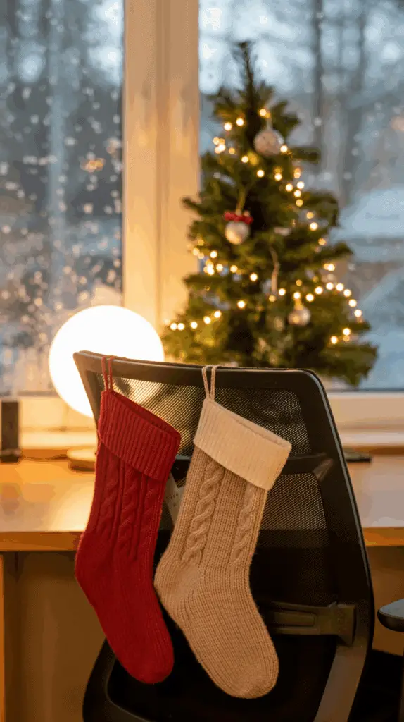 A cozy room with two knitted stockings, one red and one beige, hanging on the back of a black office chair. A small decorated Christmas tree with lights and ornaments is in the background near a window with falling snow outside.