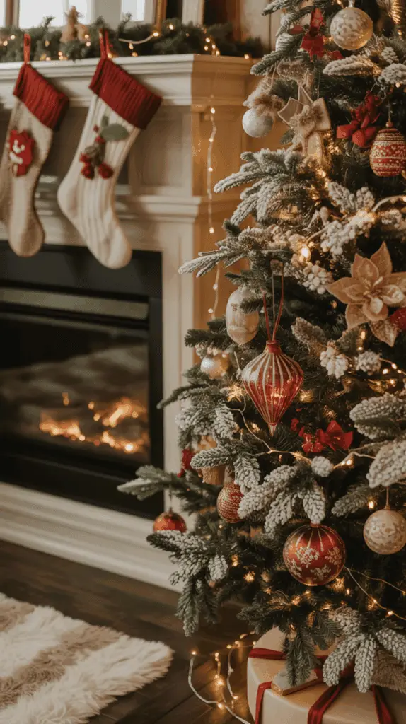 A decorated Christmas tree with red and gold ornaments, surrounded by string lights, stands next to a cozy fireplace with three stockings hanging above it.