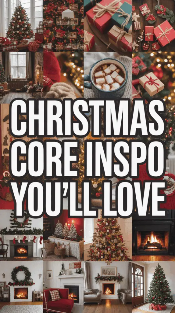 A collage of Christmas-themed images including decorated trees, wrapped gifts, cozy fireplaces, and festive interiors, with the text 'Christmas Core Inspo You'll Love' overlaying the center.