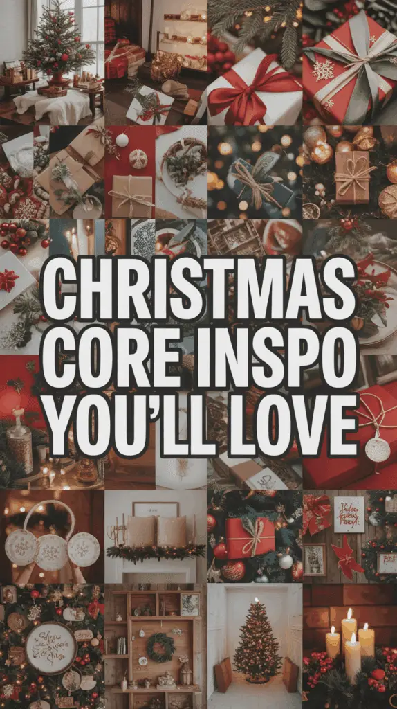 A collage of Christmas-themed decorations including a living room with a Christmas tree, wrapped gifts, festive ornaments, and candles. The central text reads 'CHRISTMAS CORE INSPO YOU’LL LOVE' in bold letters.