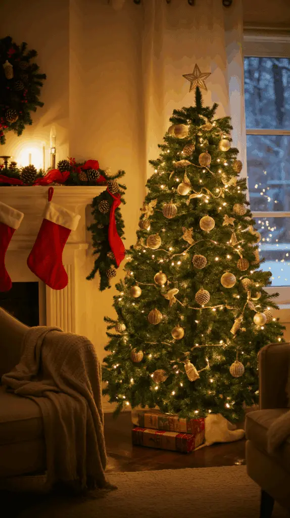 A decorated Christmas tree with golden ornaments and white lights stands in a cozy living room. To the left, a mantel is adorned with red stockings, pine cones, and candles. Wrapped gifts are placed under the tree, and a window shows a snowy scene outside.