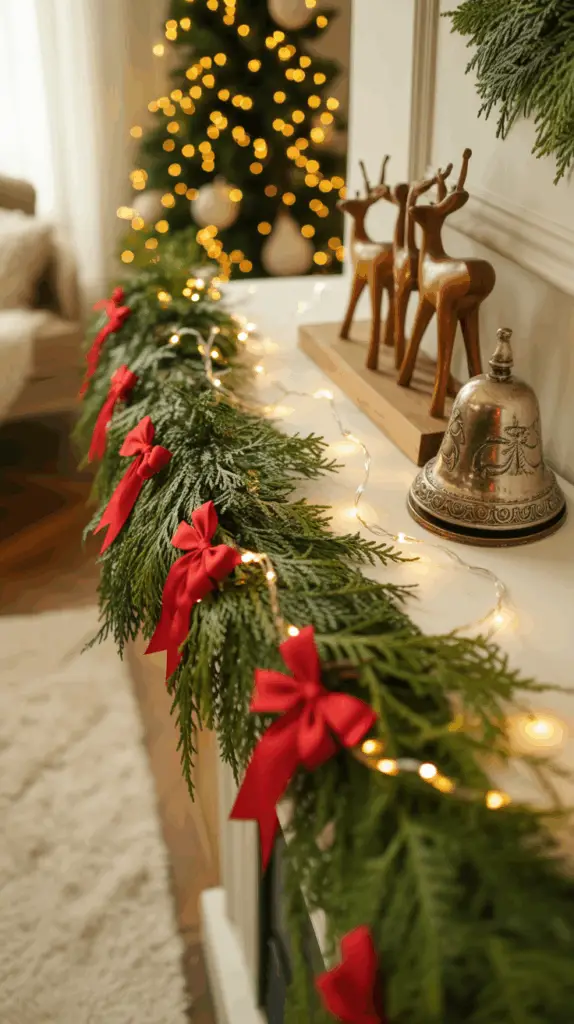 A festive mantel adorned with lush evergreen garland decorated with red bows and warm string lights, alongside wooden reindeer ornaments and a decorative bell, with a softly glowing Christmas tree in the background.