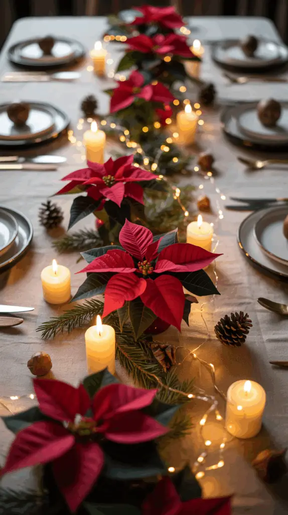 A festive table setting featuring a row of red poinsettias, surrounded by evergreen branches, pine cones, glowing string lights, and lit candles, with place settings including plates and cutlery arranged on a white tablecloth.