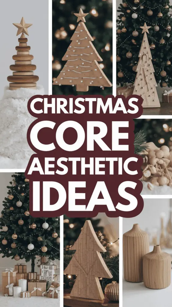 Collage of wooden Christmas decorations including trees and ornaments, with the text 'Christmas Core Aesthetic Ideas' in bold lettering.