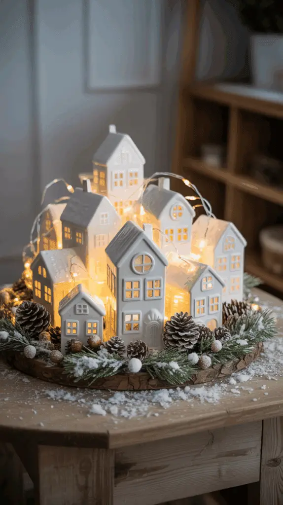 A decorative winter village scene on a wooden table, featuring small, illuminated ceramic houses surrounded by pine cones, evergreen branches, and artificial snow, creating a cozy and festive atmosphere.
