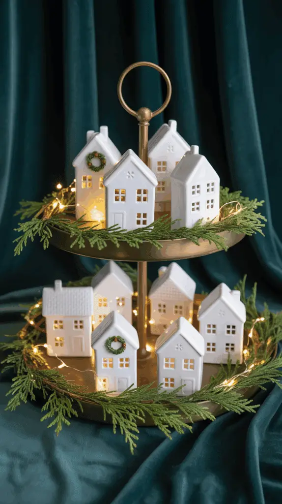 A tiered tray decorated with miniature ceramic houses, adorned with green wreaths, surrounded by greenery and string lights, set against a dark teal fabric backdrop.