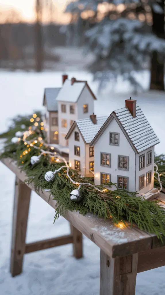 A festive outdoor decoration featuring miniature houses with lit windows on a wooden table, surrounded by evergreen branches and string lights with bells, set against a snowy backdrop at sunset.