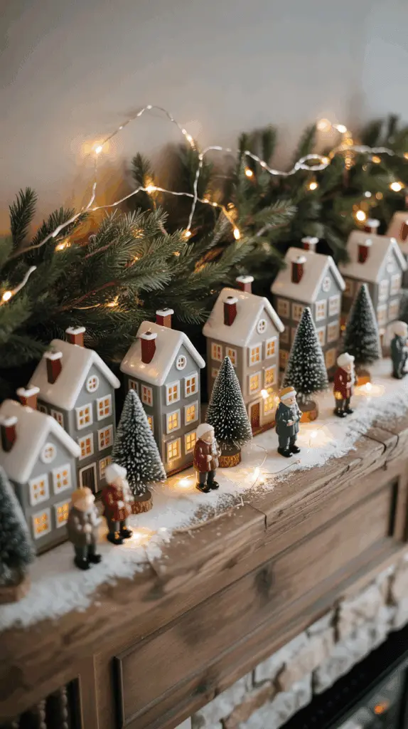 A festive holiday mantel display with miniature ceramic houses, artificial pine trees, and small figurines of people, all dusted with fake snow and accented with string lights.