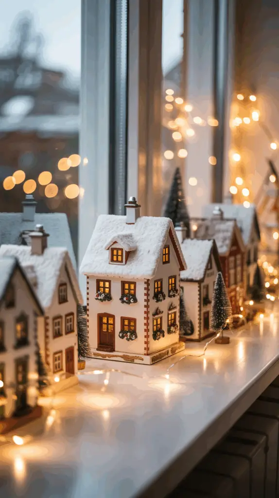 A row of illuminated miniature houses with snow-covered roofs and festive decorations, placed on a windowsill adorned with glowing string lights, creating a cozy and festive atmosphere.