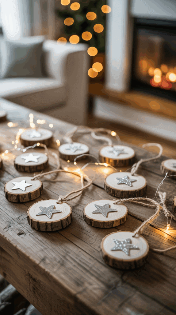 Wooden star ornaments on a table with string lights, in a cozy living room with a blurred view of a fireplace and Christmas lights in the background.