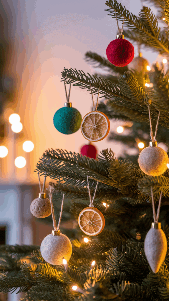 Christmas tree with felt ornaments in red, green, and beige, along with dried orange slice decorations, lit by warm fairy lights.