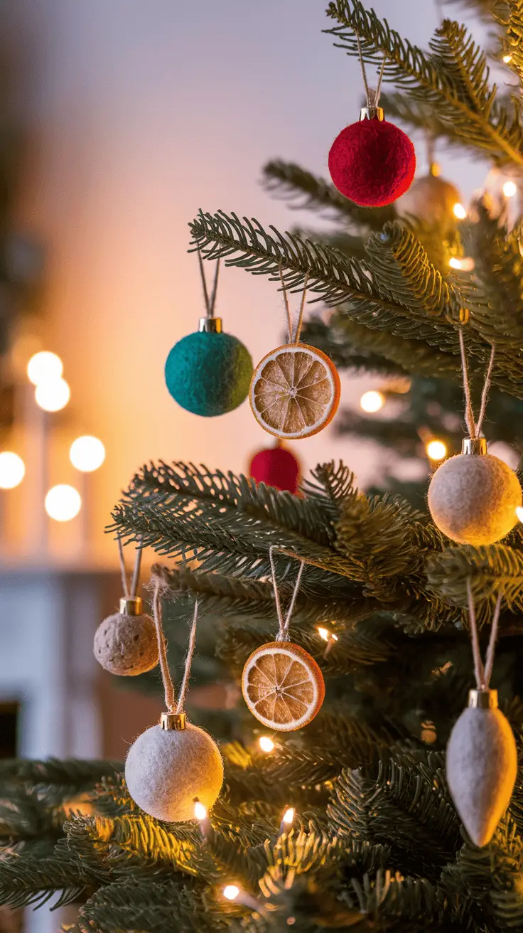 Christmas tree with felt ornaments in red, green, and beige, along with dried orange slice decorations, lit by warm fairy lights.