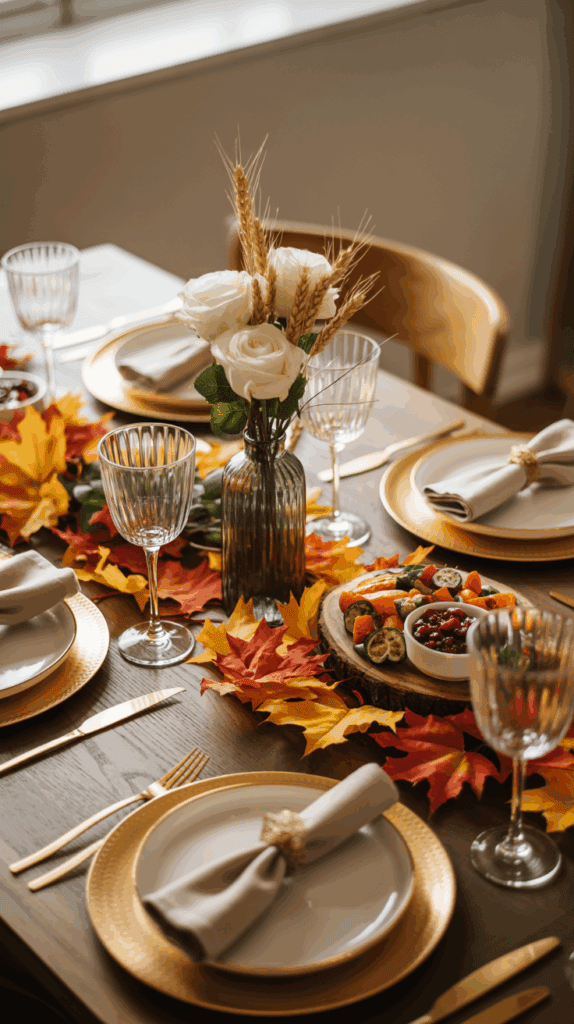 A fall-themed table setting with gold-rimmed plates, beige napkins in holders, and crystal glasses on a wooden table. The centerpiece includes white roses and wheat stalks in a vase, surrounded by scattered autumn leaves. A wooden platter with assorted fruits and cranberries adds to the festive decor.