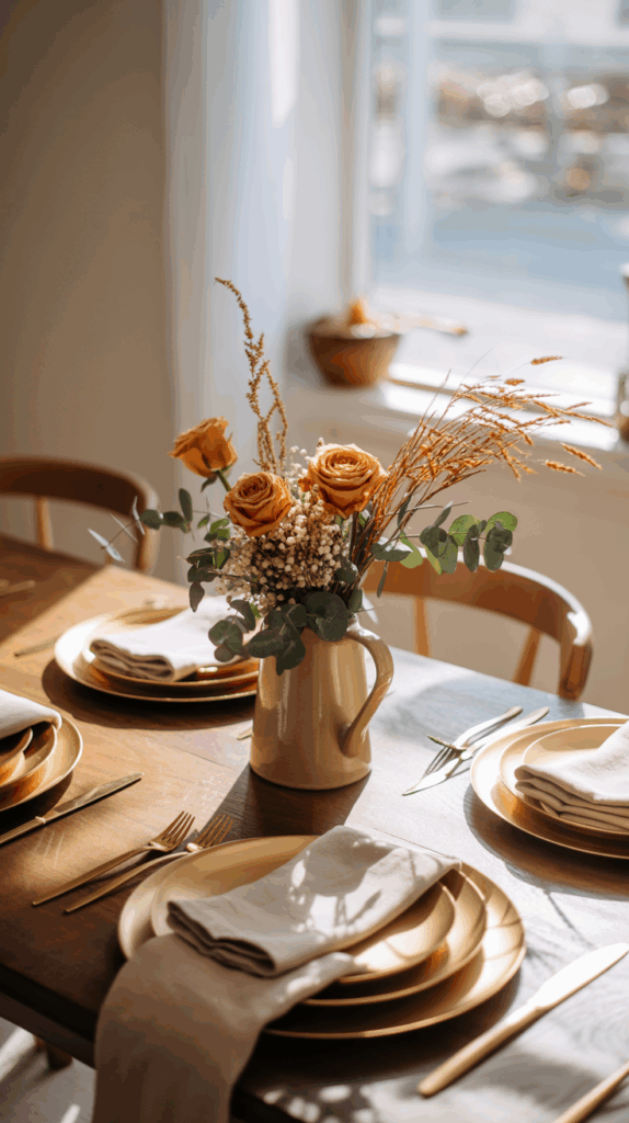 A neatly set dining table with a vase of orange roses and greenery as a centerpiece. The table is elegantly arranged with golden plates, gold cutlery, and folded napkins, illuminated by natural sunlight from a nearby window.