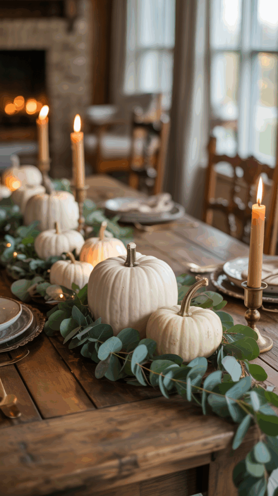A rustic dining table decorated with white pumpkins, greenery, and lit candles, creating an elegant autumn centerpiece.