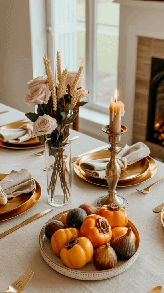 A elegantly set dining table with a vase of pink roses and wheat stalks, a lit candle in a silver holder, and a plate of figs and persimmons, featuring gold plates and beige napkins.