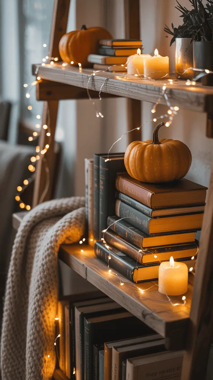 A cozy wooden bookshelf adorned with small pumpkins, stacked books, candles, and warm, glowing fairy lights, with a knitted blanket draped over the edge.