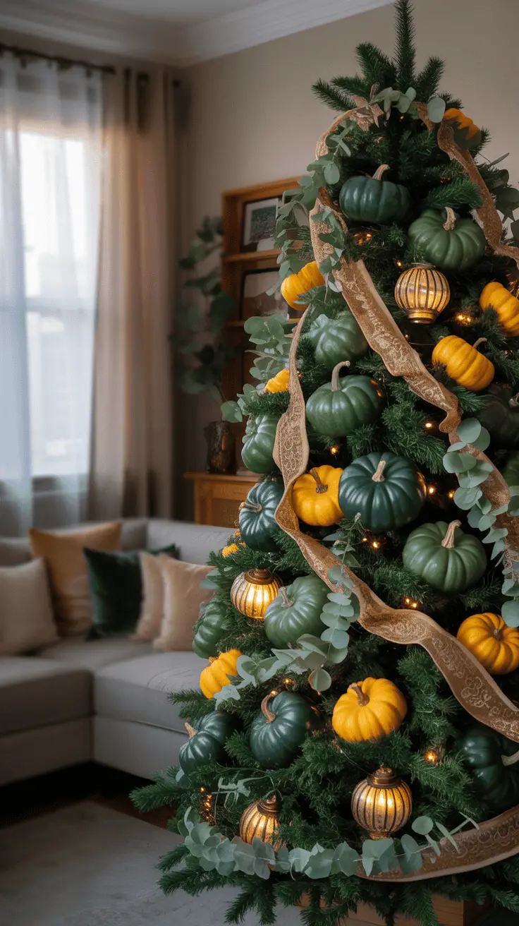 A decorated Christmas tree in a cozy living room, adorned with green and yellow pumpkins, eucalyptus leaves, golden ribbons, and illuminated lantern ornaments, with a soft gray sofa and sheer curtains in the background.