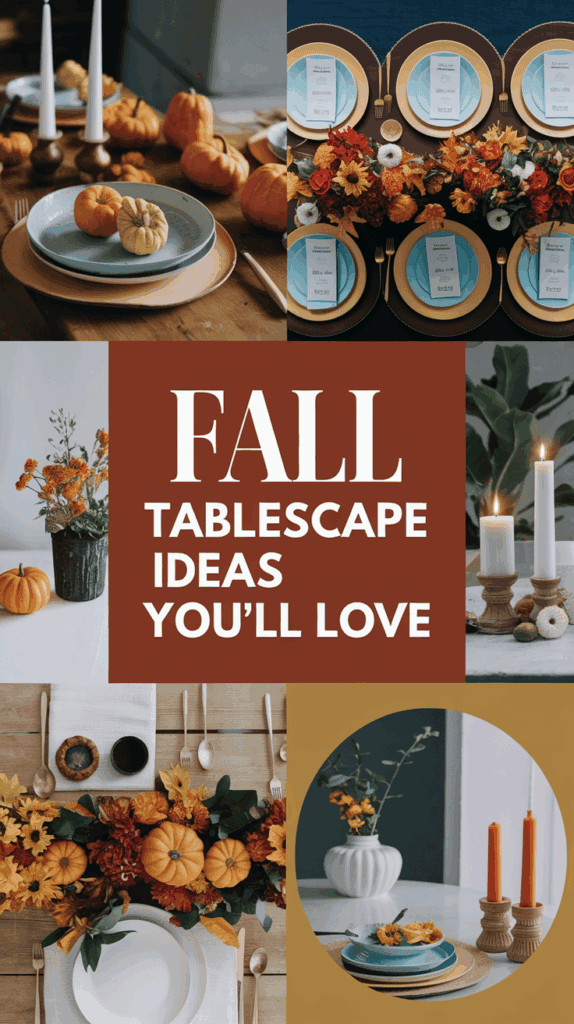 Collage of fall tablescape ideas featuring pumpkins, candles, and colorful floral arrangements with autumn hues, including orange, yellow, and red, arranged on dining tables with various tableware.