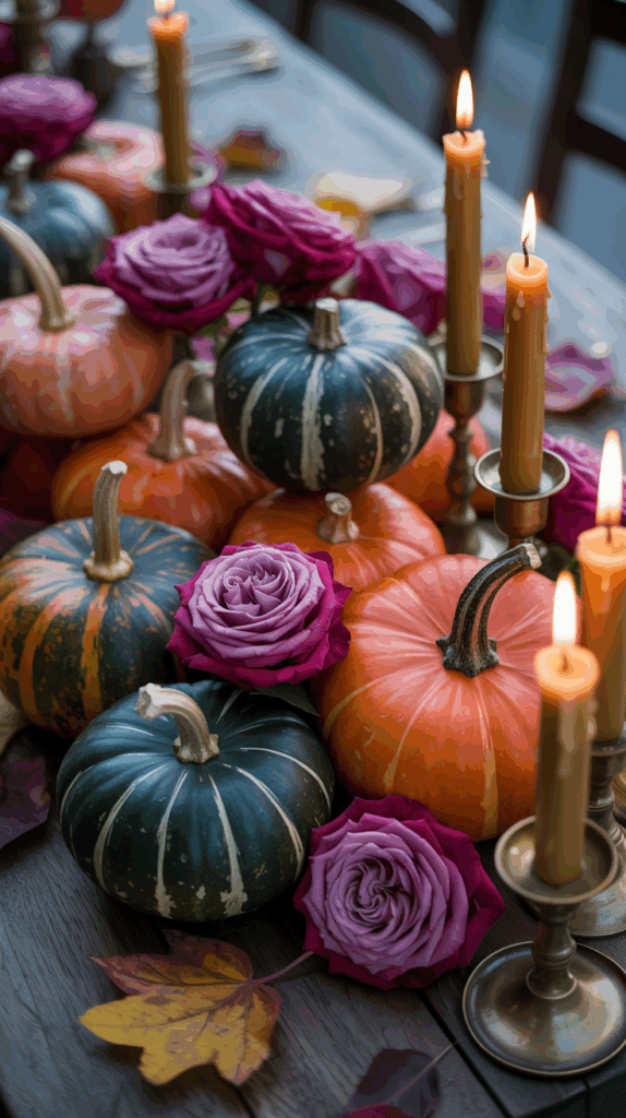 A table decorated with orange and green pumpkins, purple roses, and lit yellow candles, surrounded by autumn leaves.