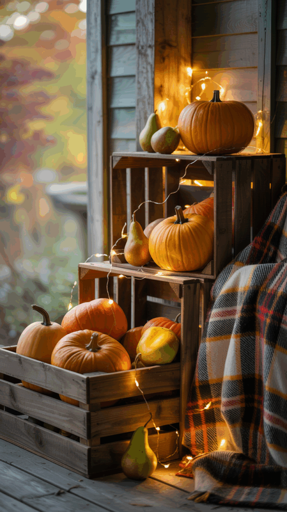 A rustic porch decorated for autumn, featuring wooden crates filled with pumpkins and pears, adorned with string lights and a plaid blanket draped nearby.