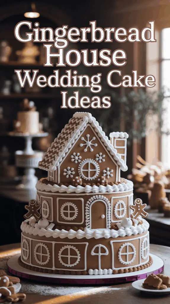 A gingerbread-themed wedding cake featuring a multi-tiered design with intricate white icing details resembling windows, doors, and snowflakes, topped with a gingerbread house and surrounded by small gingerbread figures, displayed on a table in a cozy kitchen setting.