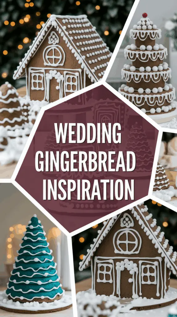 Collage of gingerbread designs featuring a house with intricate icing, a tiered cake with scalloped icing and a cherry on top, a green Christmas tree shape, and text reading 'Wedding Gingerbread Inspiration.' The background includes soft, blurred lights.
