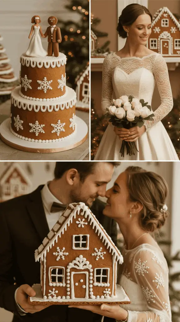 A three-image collage: top left shows a gingerbread-themed wedding cake with snowflake designs and gingerbread bride and groom toppers; top right features a bride in a lace-sleeved wedding dress holding a bouquet of white roses, standing in front of gingerbread houses; bottom shows a couple close together smiling while holding a large gingerbread house.