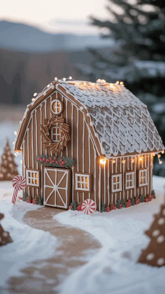 A gingerbread house designed as a barn, decorated with white icing for snowfall and lit with small lights. The barn features window cutouts, a door with icing decorations, and Christmas wreath with candy details. It sits on a snowy surface with candy decorations and trees in the background.